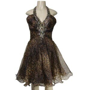 TONY BOWLS NWT 8 Leopard Halter Animal Print Jeweled Prom Fit & Flare Dress